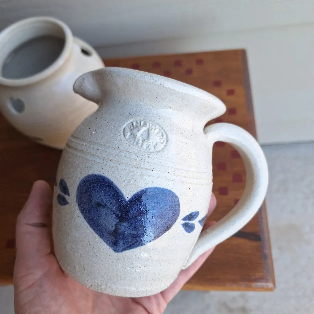 Vintage salt glazed Pinewood Valley stoneware creamer and sugar bowl blue hearts